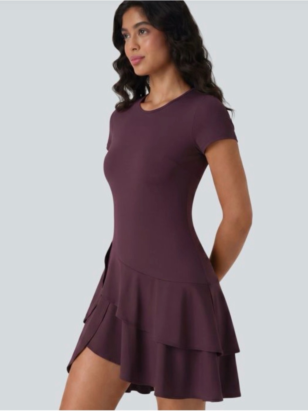 HALARA Plum Short Sleeve Tiered Dress
